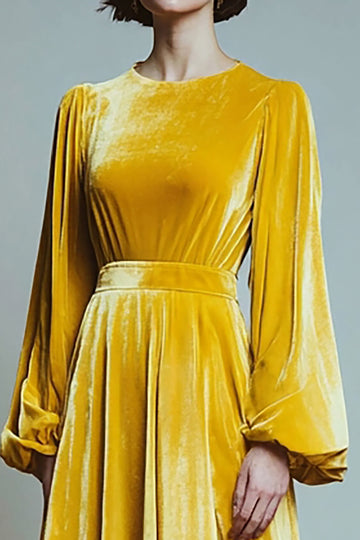 Yellow Velvet A-Line Holiday Dress with Long Sleeves